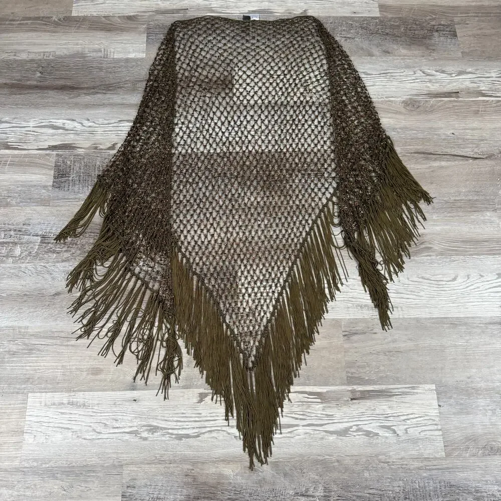 Vintage 90s Y2K Chico's Beaded Fringe Triangle Shawl Wrap Olive Boho Festival